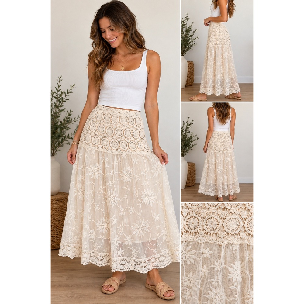 Cato Cream Floral Embroidered Lace Maxi Skirt Sz 2X Crochet Boho Festival Indie